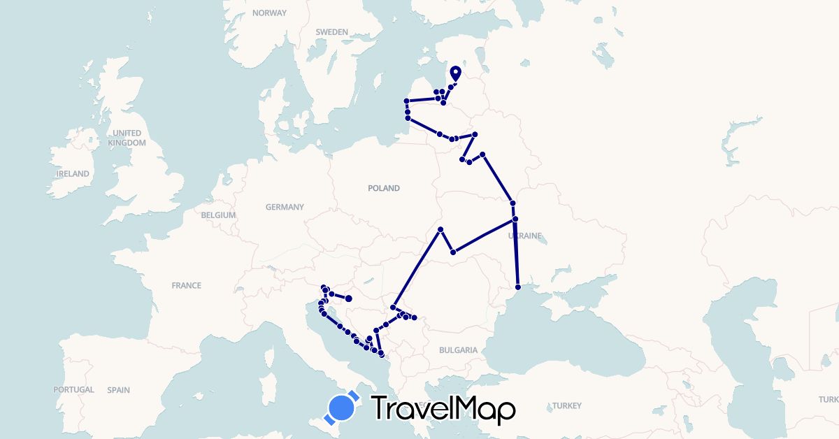 TravelMap itinerary: driving in Bosnia and Herzegovina, Belarus, Croatia, Italy, Lithuania, Latvia, Montenegro, Serbia, Slovenia, Ukraine (Europe)